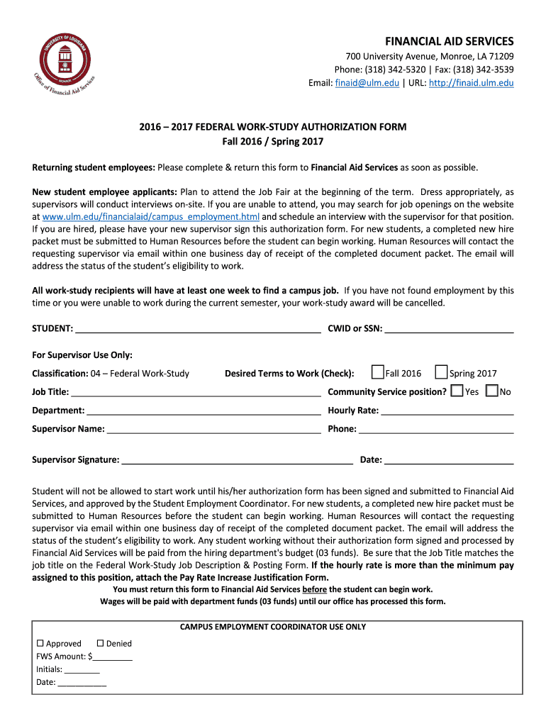 Fillable Online ulm FWS Authorization Form 2016-2017 - University of ...