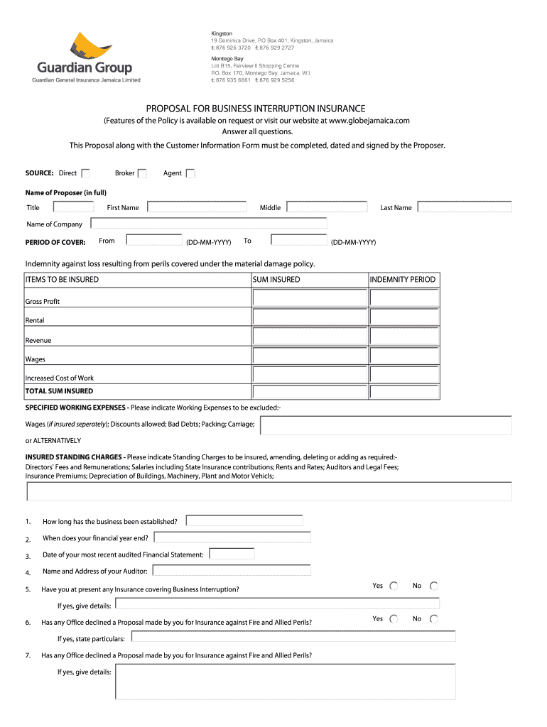 Fillable Online PROPOSAL FOR BUSINESS INTERRUPTION INSURANCE Fax Email