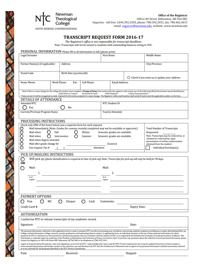 Fillable Online newman TRANSCRIPT REQUEST FORM 2016-17 - Newman Fax ...