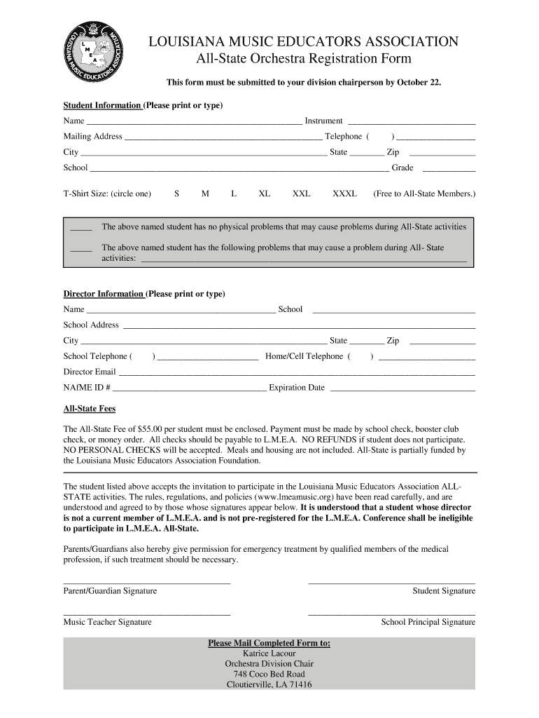 Fillable Online lmeamusic AllState Orchestra Registration Form