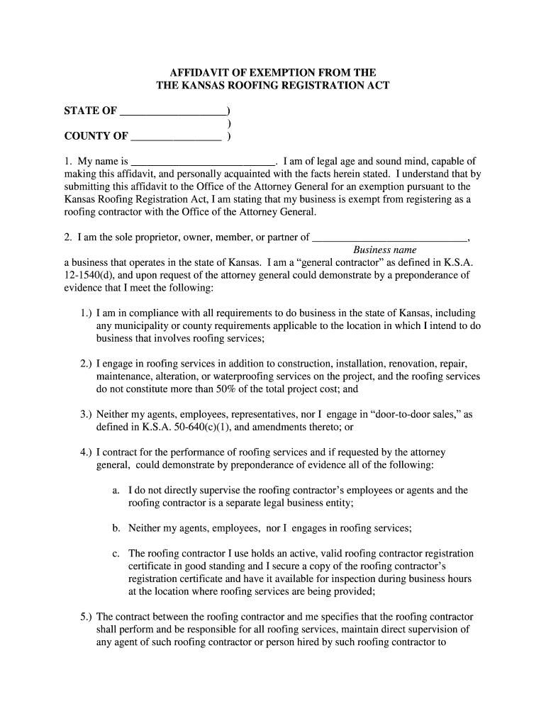 Fillable Online ag ks AFFIDAVIT OF EXEMPTION FROM THE THE KANSAS ...