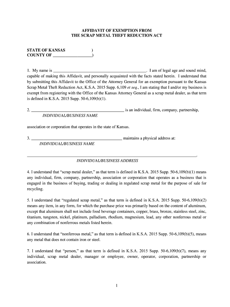 Fillable Online ag ks AFFIDAVIT OF EXEMPTION FROM THE SCRAP METAL THEFT ...