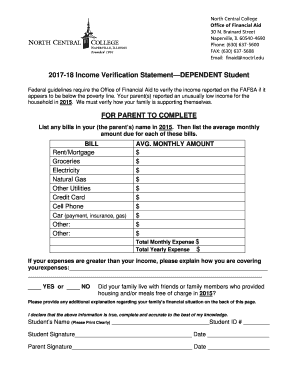 Income Verification for DEPENDENT Students - North Central College