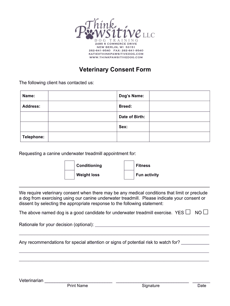 Veterinary Consent Form - thinkpawsitivedog Preview on Page 1