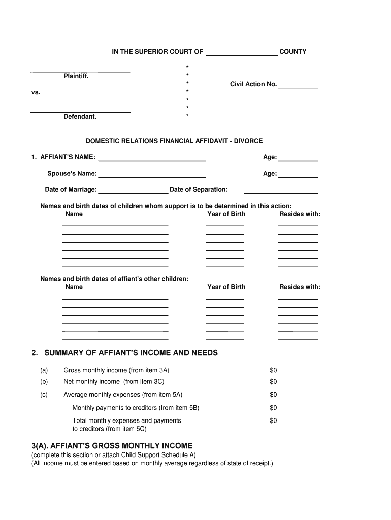 Fillable Online DOMESTIC RELATIONS FINANCIAL AFFIDAVIT DIVORCE Fax