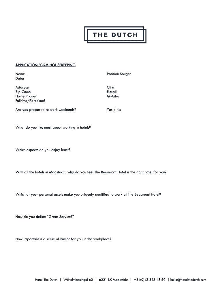 Fillable Online APPLICATION FORM HOUSEKEEPING Fax Email Print pdfFiller