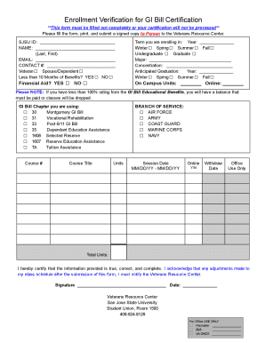 Fillable Online sjsu Enrollment Verification for GI Bill Certification Fillable Online sjsu Enrollment Verification for GI Bill Certification