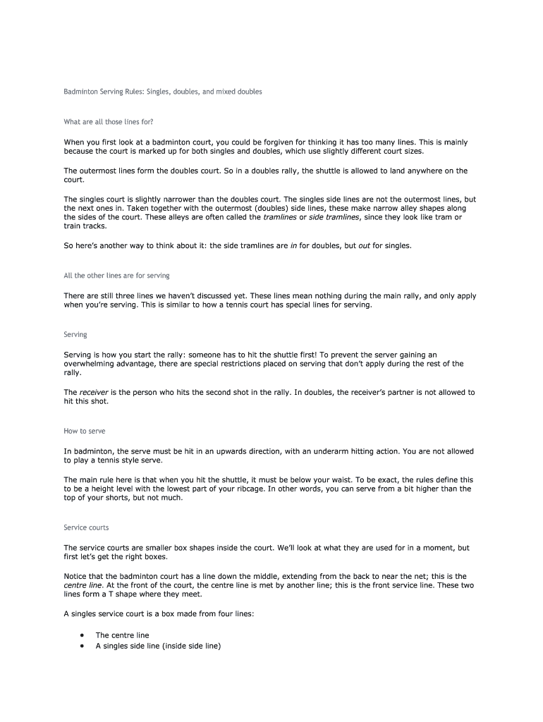 Fillable Online Badminton Serving Rules Singles, doubles, and mixed doubles Fax Email Print