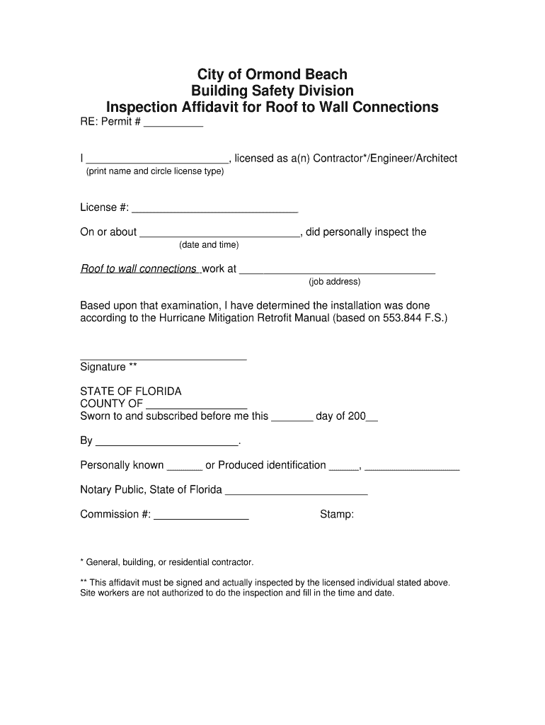 Fillable Online ormondbeach Inspection Affidavit for Roof to Wall