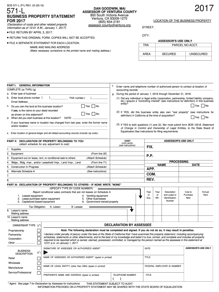 Fillable Online assessor countyofventura (Declaration of costs and