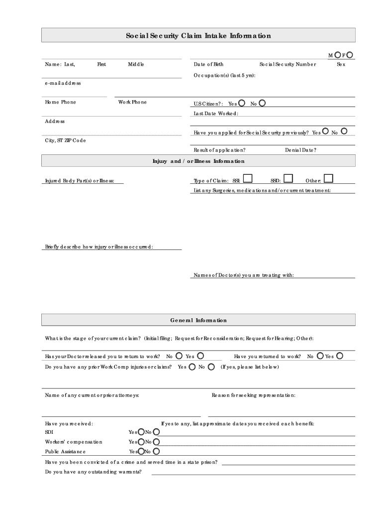 Fillable Online Social Security Claim Intake Information Fax Email ...