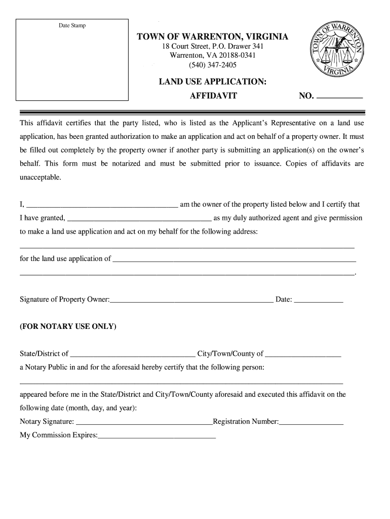Fillable Online warrentonva LAND USE APPLICATION AFFIDAVIT NO