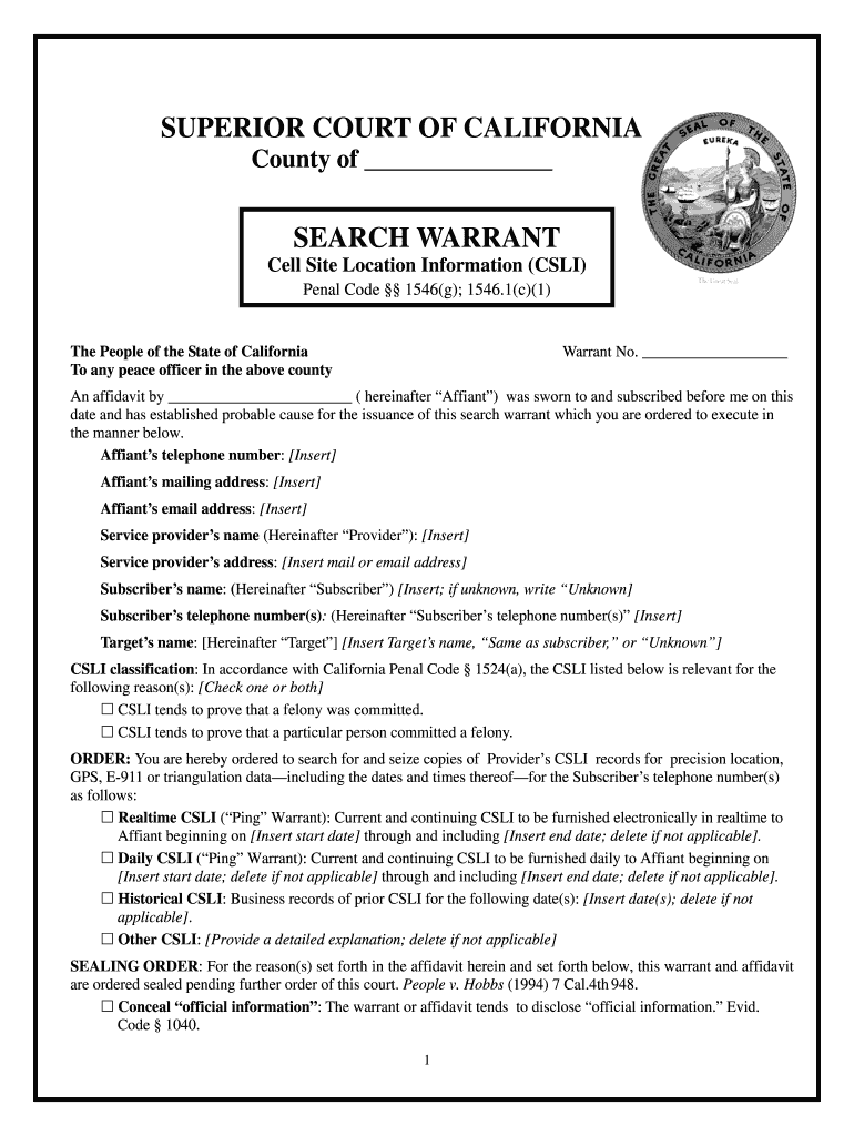 Search Warrant for CSLI Preview on Page 1.