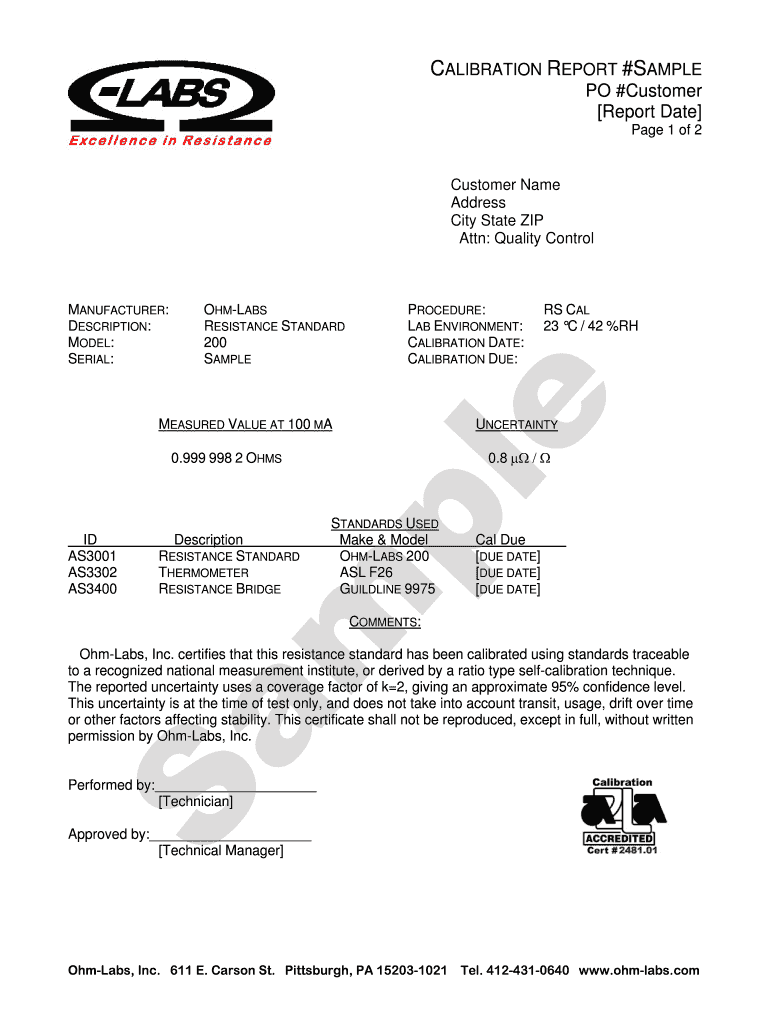 Fillable Online Sample Calibration Report OhmLabs, Inc. Fax Email