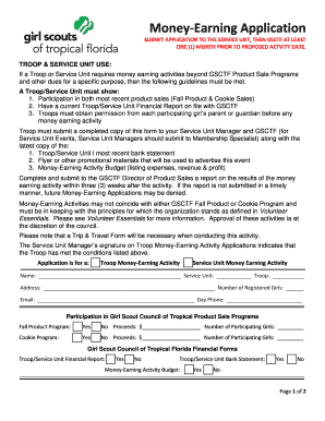 Troop/Service Unit Money Earning Activity Application. Money Earning Activity application