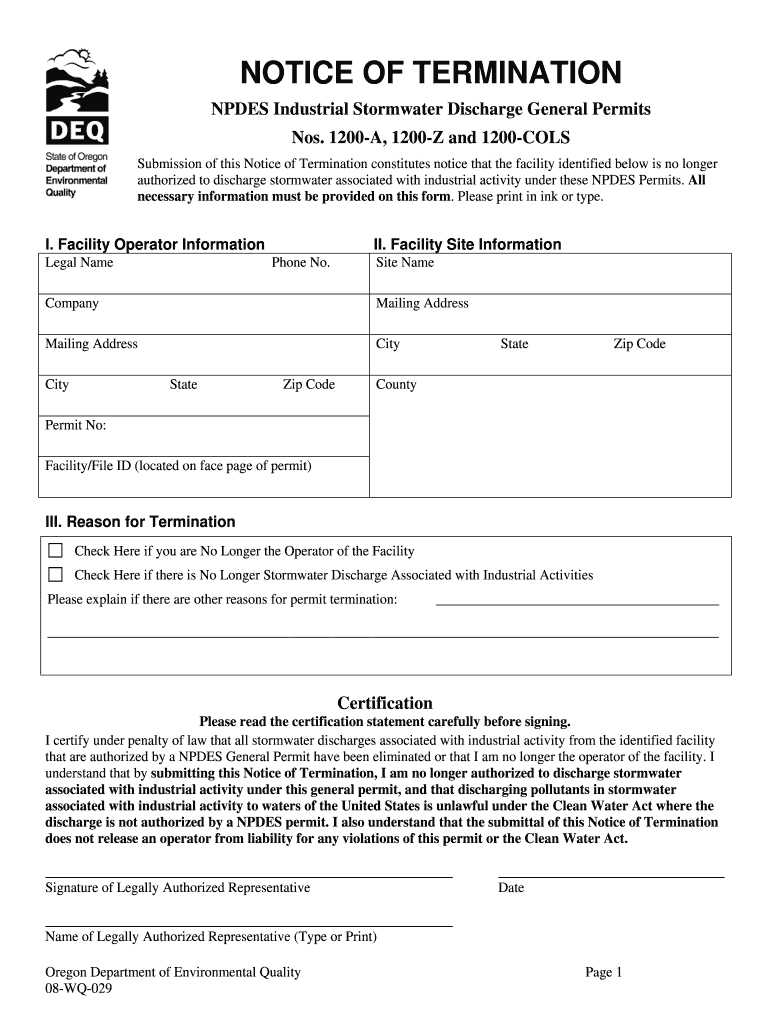 Fillable Online Notice of Termination NPDES Industrial Stormwater