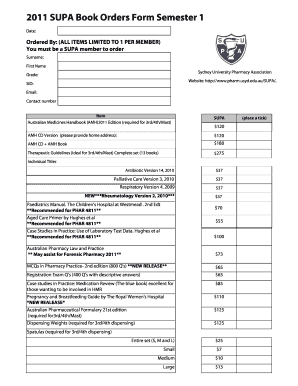 2011 SUPA Book Orders Form Semester 1