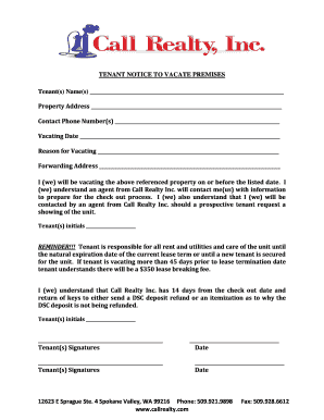Fillable Online TENANT NOTICE TO VACATE PREMISES Fax Email Print ...