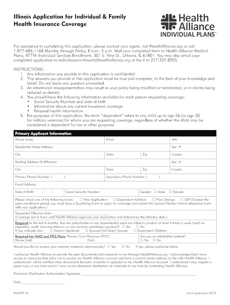 Fillable Online healthalliance Illinois Application for Individual ...