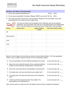 Printable my health insurance needs worksheet Forms and Document
