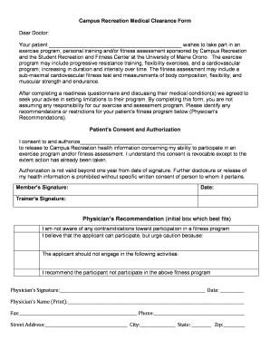 clearance medical form exercise recreation campus docx umaine pdffiller