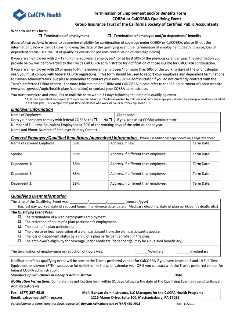 Fillable Online Terminated Employee Form CalCPA Health Fax Email