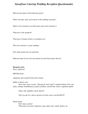 Sassafrass Catering Wedding Reception Questionnaire