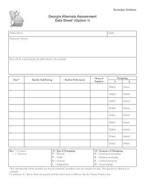 Georgia Alternate Assessment Data Sheet (Option 1)