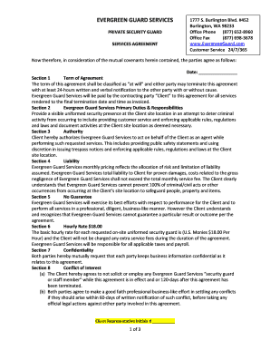 fillable online security services agreement egs evergreen guard security guard services agreement