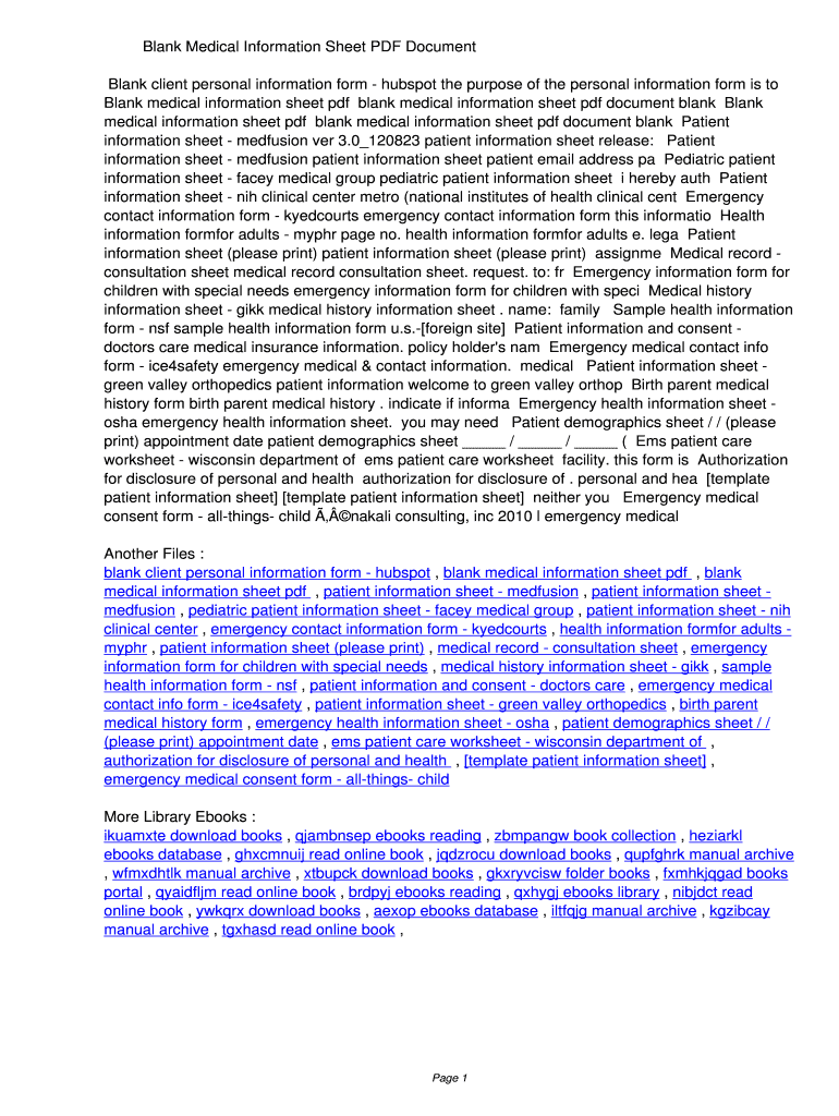 Fillable Online bdwn Blank Medical Information Sheet PDF ...