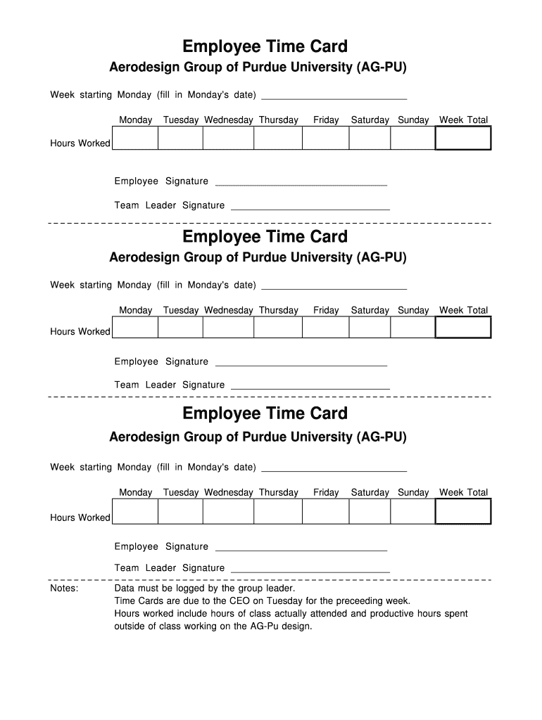 Fillable Online engineering purdue Employee Time Card Purdue