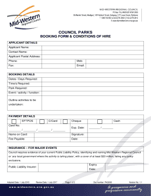 COUNCIL PARKS BOOKING FORM &amp; CONDITIONS OF HIRE
