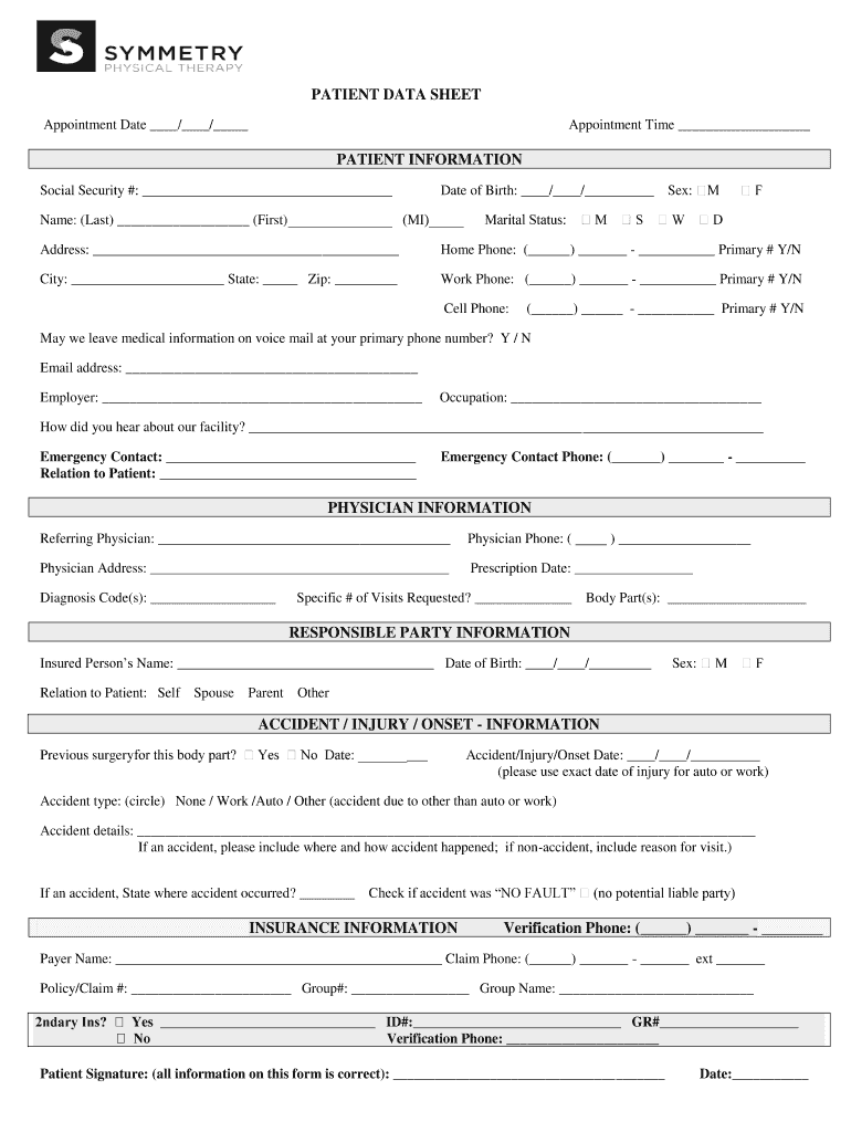 Fillable Online PATIENT DATA SHEET PATIENT INFORMATION PHYSICIAN ...