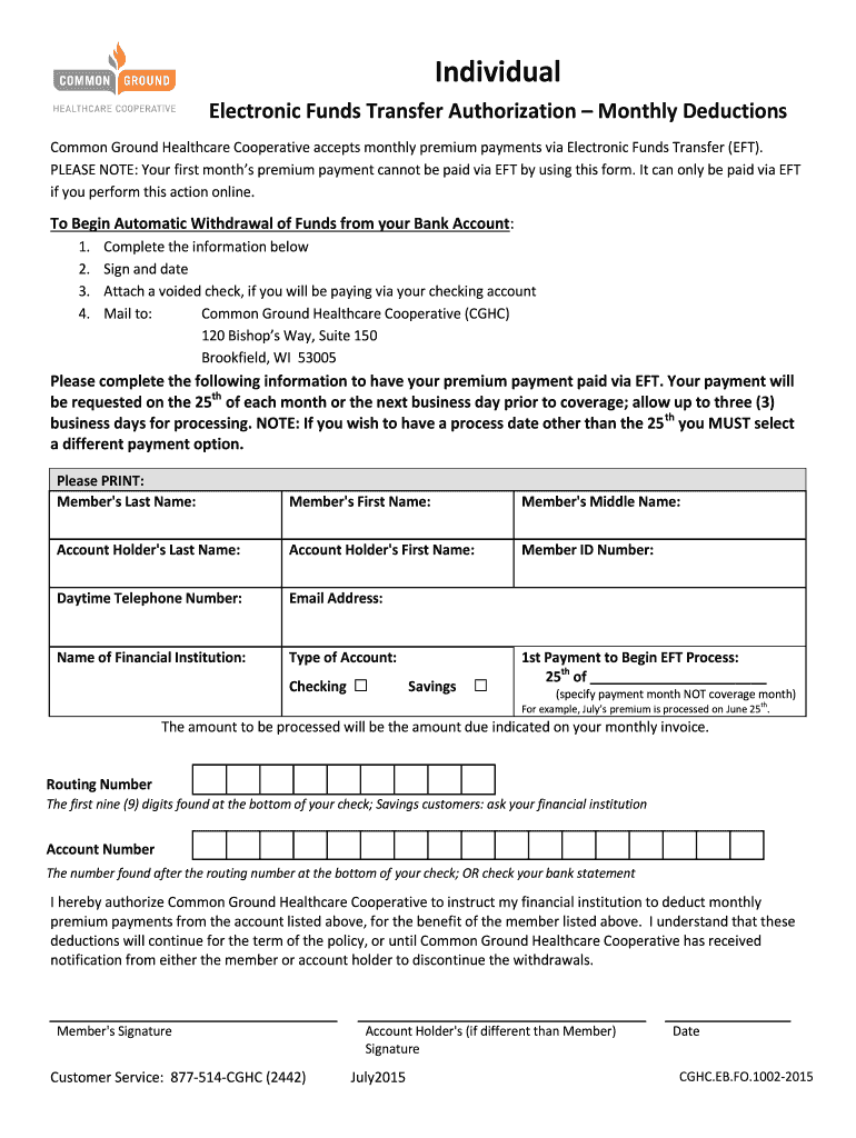 Fillable Online ACH/EFT Form Individual - Common Ground Healthcare ...