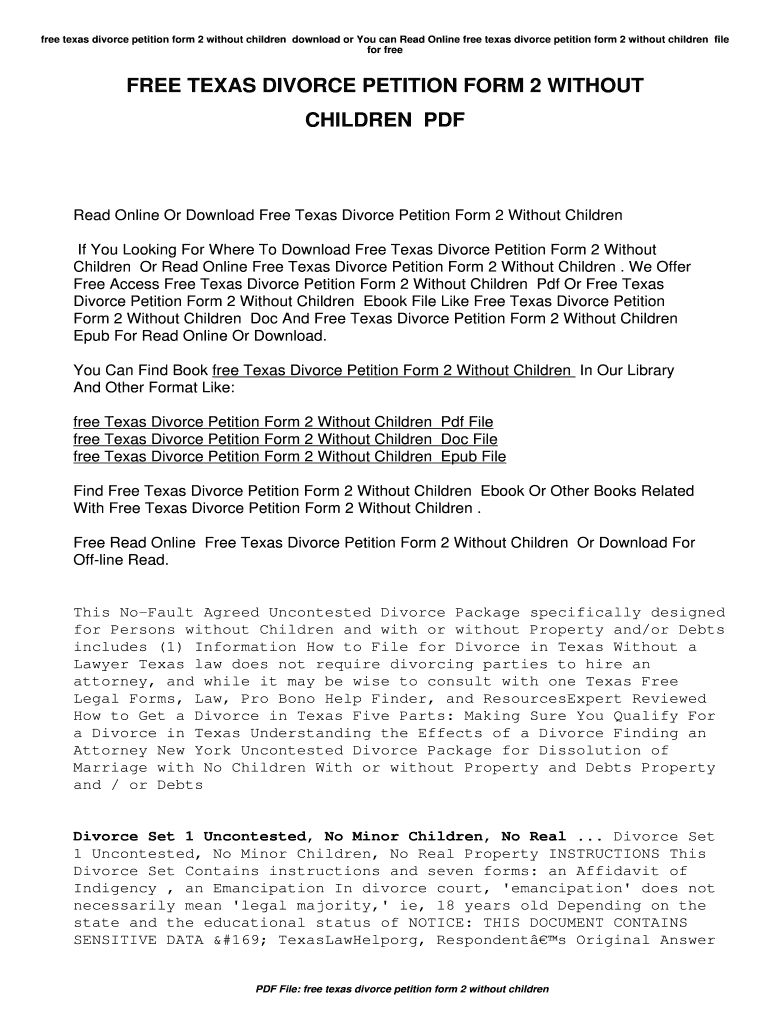 Fillable Online Free Texas Divorce Petition Form 2 Without Children ...