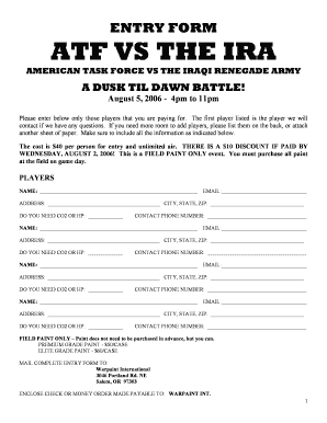 Fillable Online ENTRY FORM ATF VS THE IRA - warpaintpb.com Fax Email ...