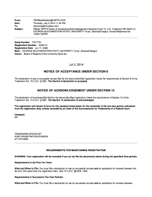 Official USPTO Notice of Acceptance/Acknowledgement Sections 8 and 15: U