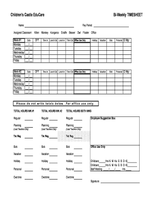 Children's Castle EduCare Bi-Weekly TIMESHEET - childrenscastle