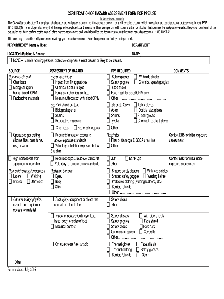CERTIFICATION OF HAZARD ASSESSMENT FORM FOR PPE USE Preview on Page 1