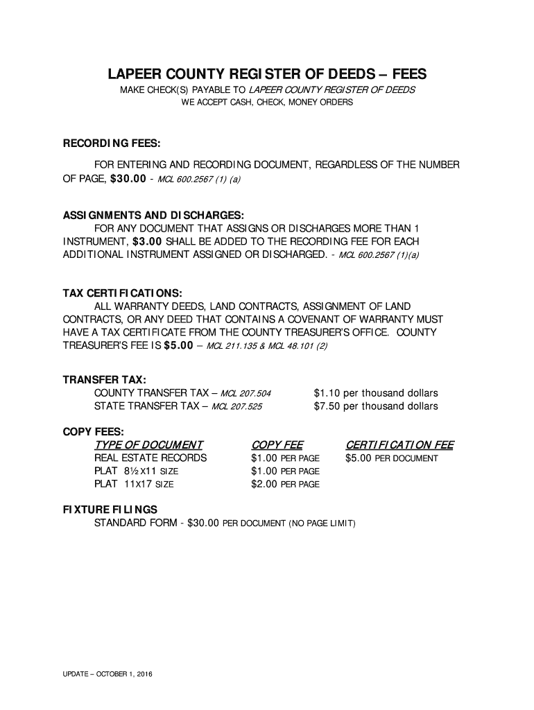 Fillable Online LAPEER COUNTY REGISTER OF DEEDS FEES Fax Email Print pdfFiller