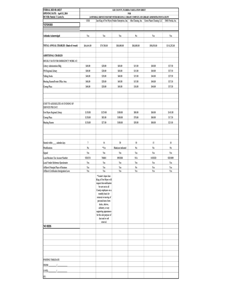 Fillable Online FORMAL BID B140217 LEE COUNTY, FLORIDA TABULATION