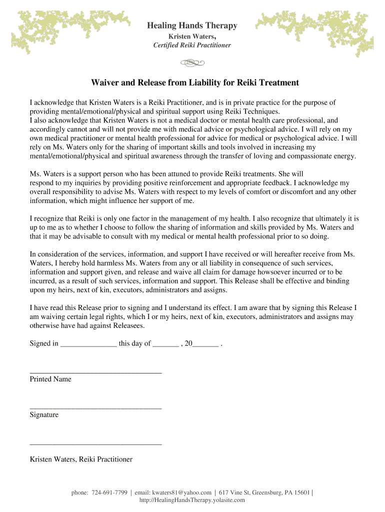 reiki waiver form template Preview on Page 1