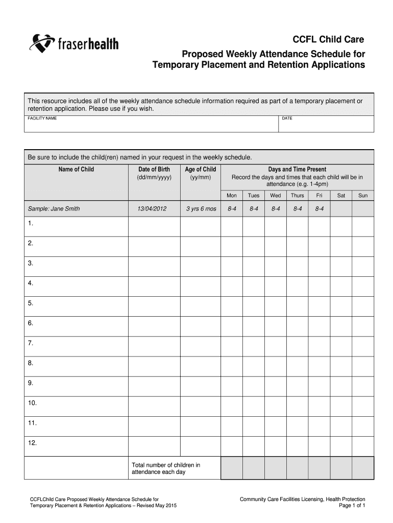 CCFL Child Care Proposed Weekly Attendance Schedule for ... Preview on Page 1