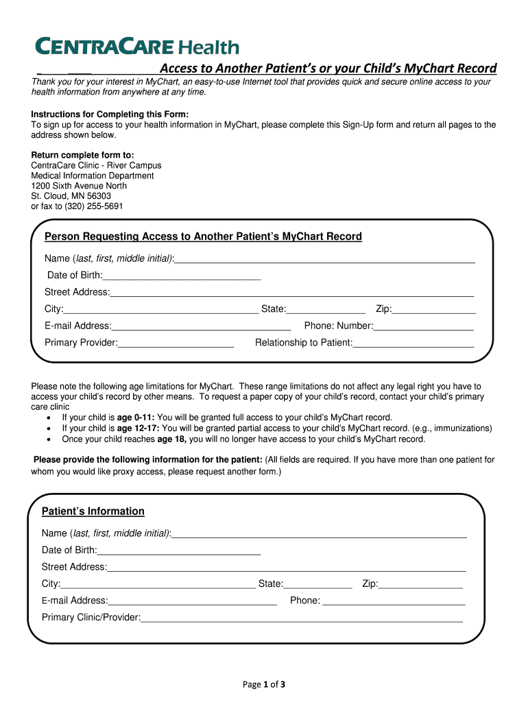 Fillable Online Access to Another Patient s or your Child s MyChart Record Fax Email Print