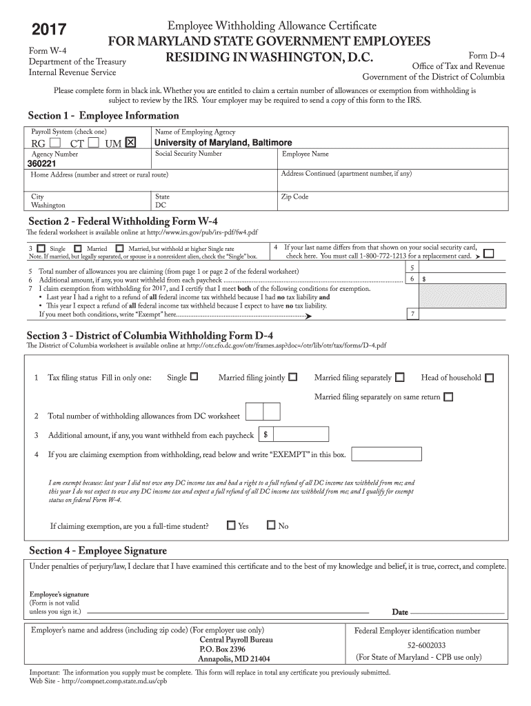 Fillable Online umaryland Employee Withholding Allowance Certificate