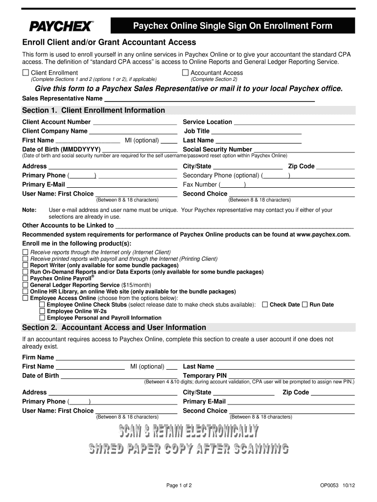 Fillable Online Core Advanced Paychex Online Payroll Enrollment Form