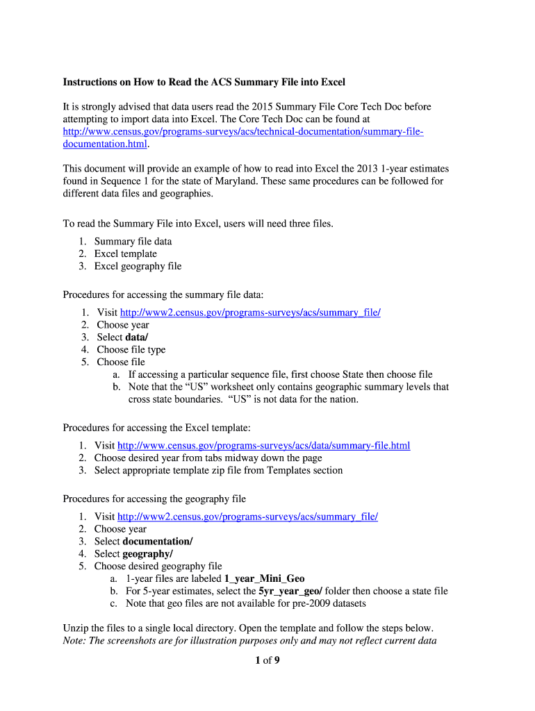 Fillable Online Instructions on How to Read the ACS Summary File into