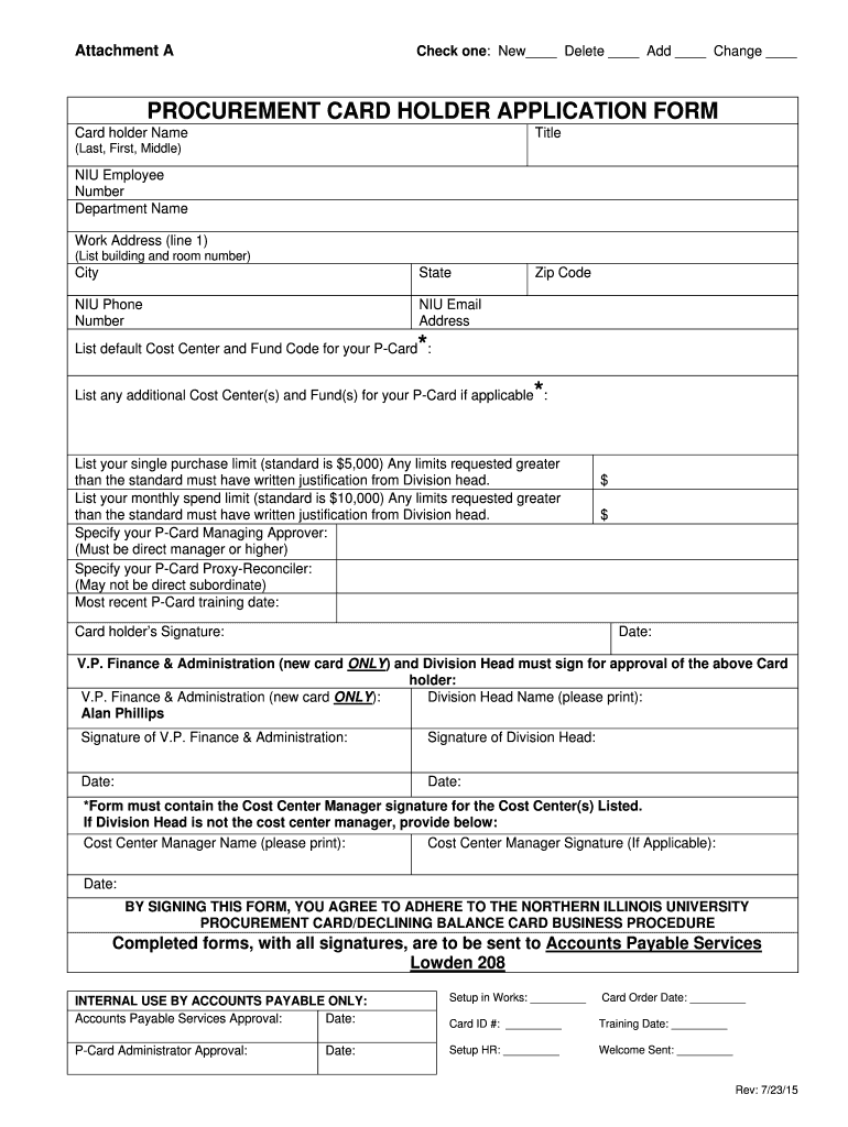 Fillable Online niu PCard Cardholder Application Form NO AGREEMENT Fax
