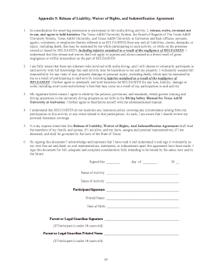 Appendix 5: Release of Liability, Waiver of Rights, and Indemnification Agreement