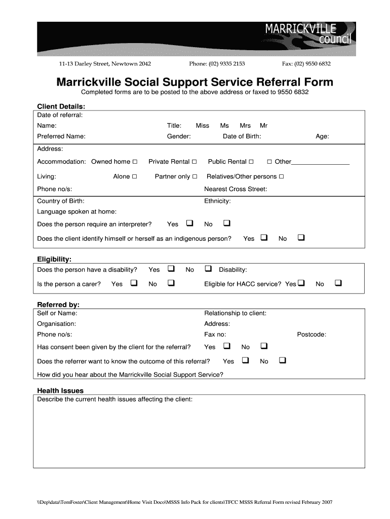 Fillable Online marrickville nsw gov Marrickville Social Support